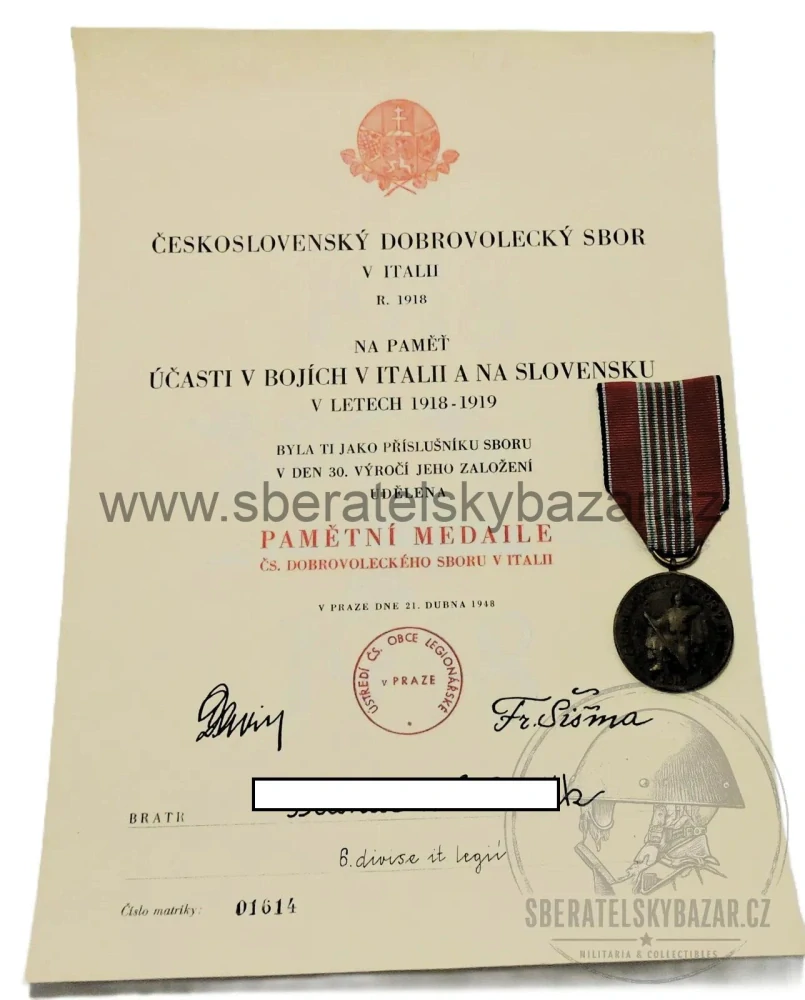 Dekret + pamětní medaile Čs. dobrovoleckého sboru v Itálii 1918–1948