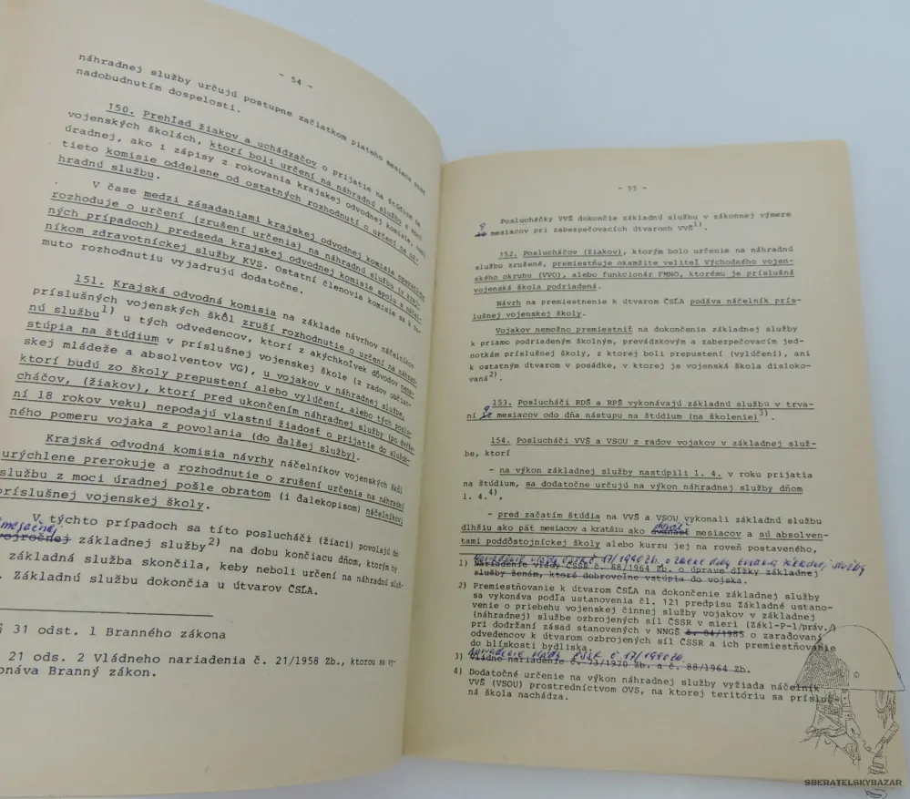 Originál předpis výběr, služba Posluchačů (žáků) vojenských škol