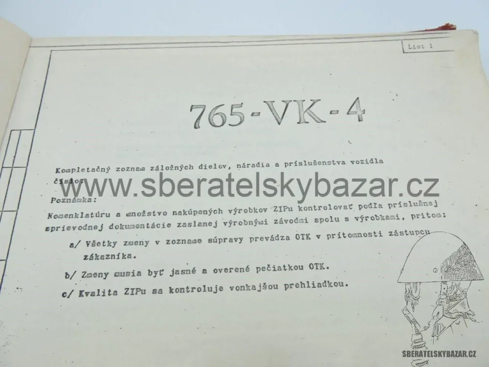 Originál Předpis ČSLA - seznam založních dílů a příslušenství vozidla 