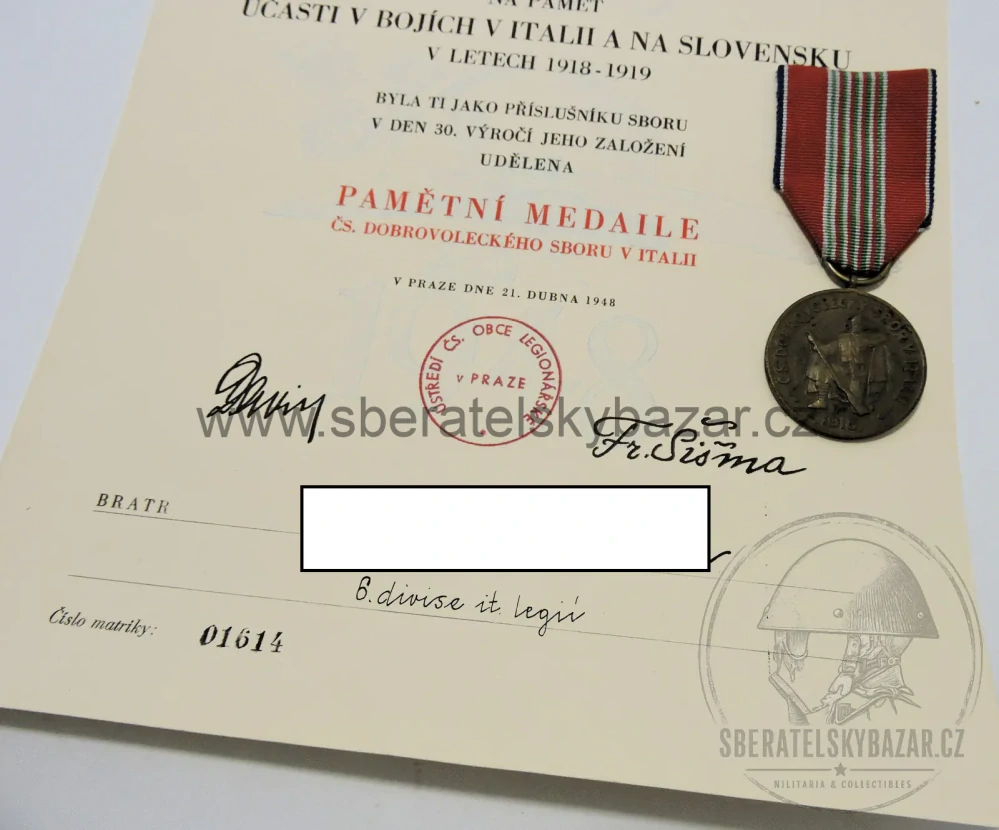 Dekret + pamětní medaile Čs. dobrovoleckého sboru v Itálii 1918–1948