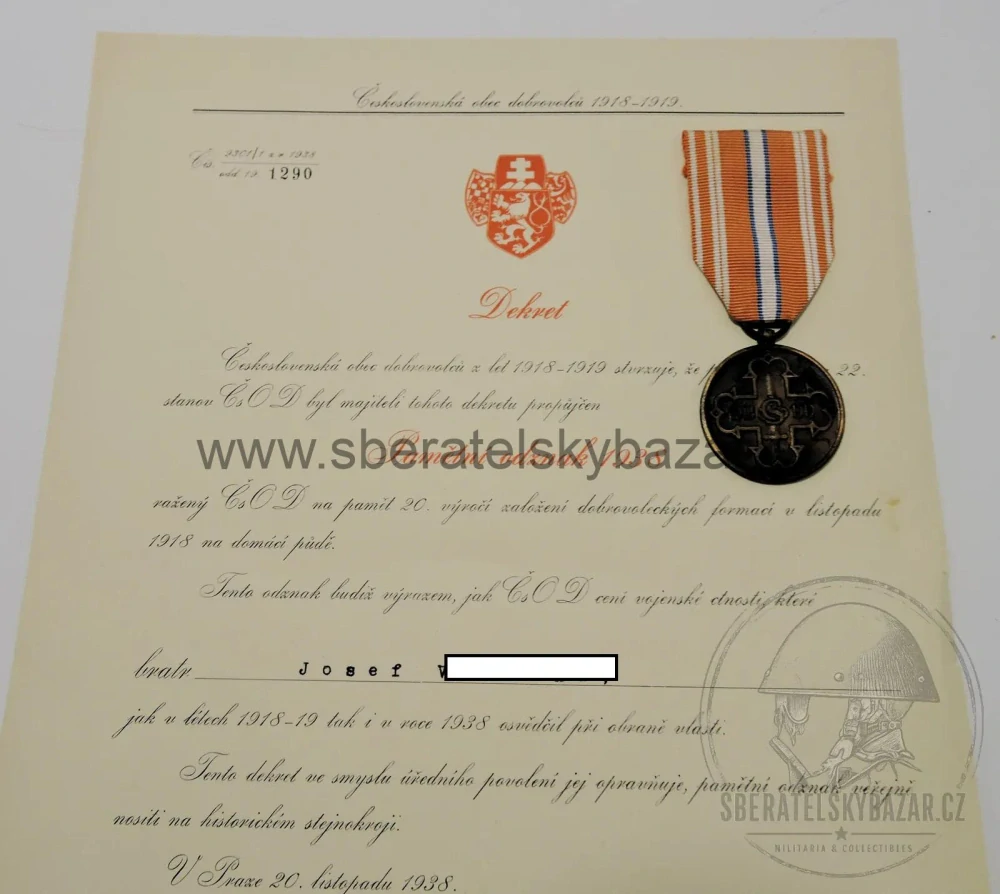 Pamětní odznak 1938 Čs. obce dobrovolců 1918–1919 s původním dekretem