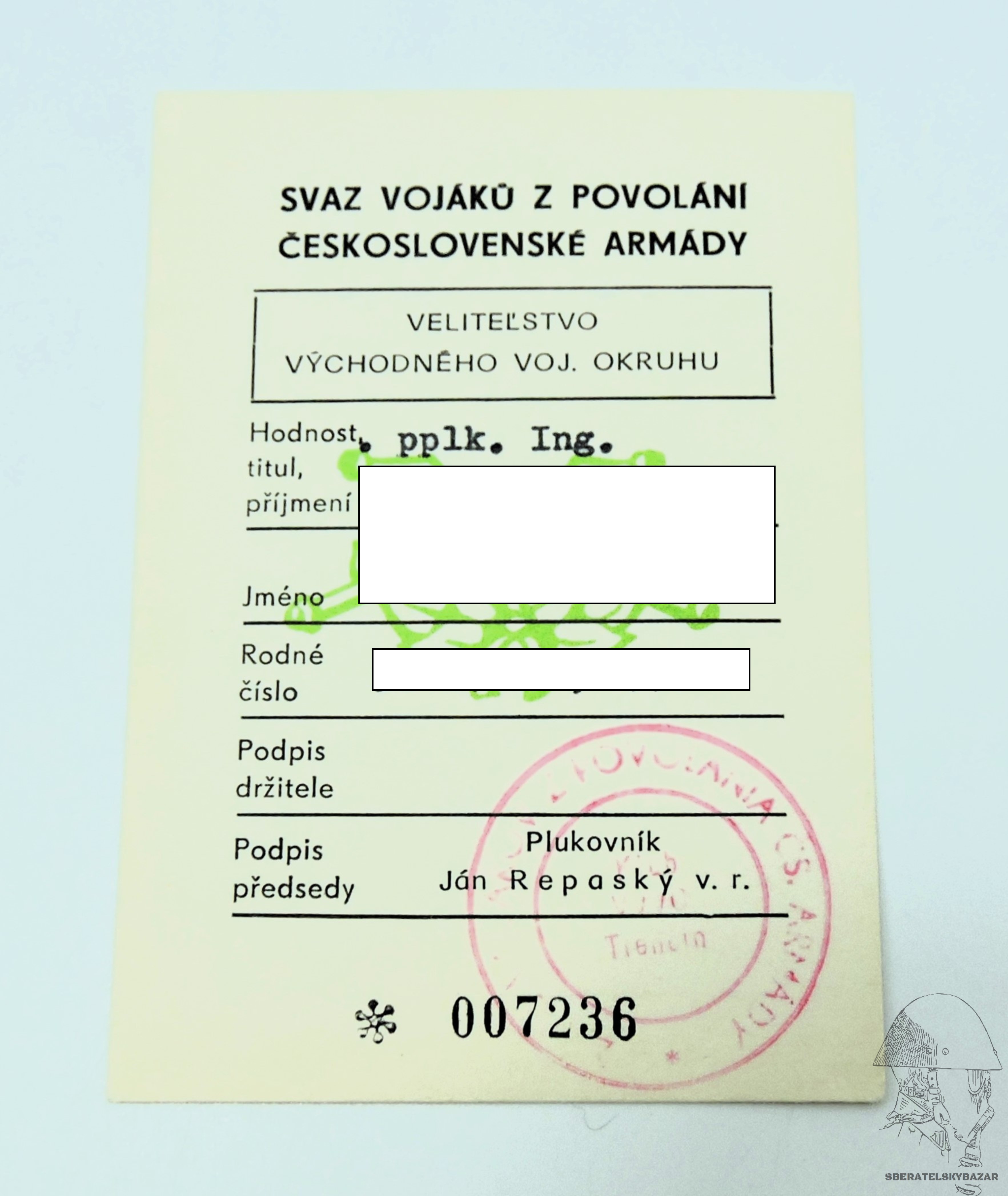 Průkaz svaz vojáků z povolání československé armády