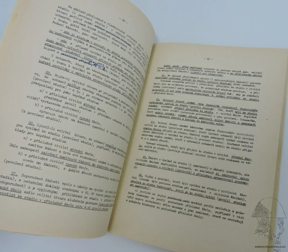 Originál předpis výběr, služba Posluchačů (žáků) vojenských škol