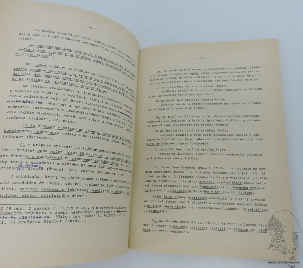 Originál předpis výběr, služba Posluchačů (žáků) vojenských škol