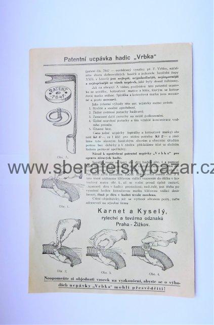 Dobový leták KARNET A KYSELÝ, továrna odznaků PRAHA-ŽIŽKOV