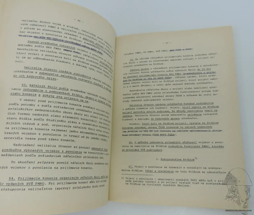 Originál předpis výběr, služba Posluchačů (žáků) vojenských škol