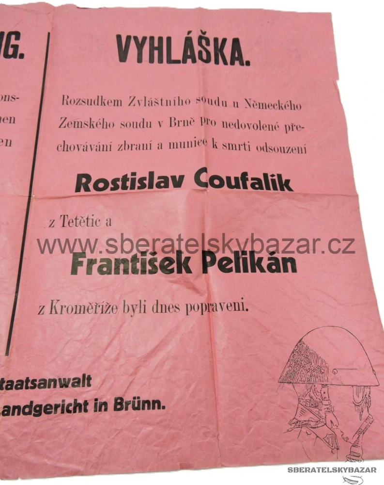 Vyhláška Protektorát - Popravy 58 x 42cm! ORIGINÁL 