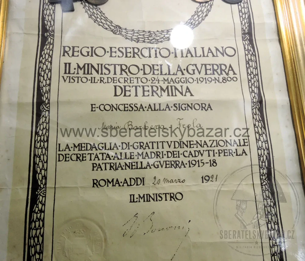 Itálie WWI – pamětní komplet po padlém vojákovi + medaile jeho matky s