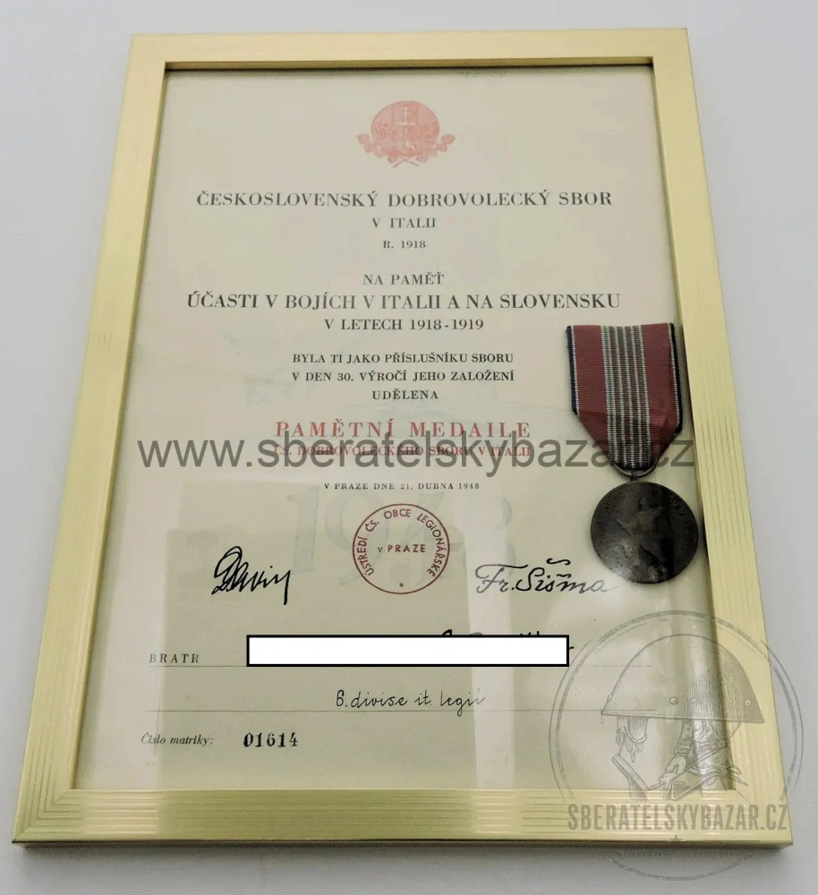 Dekret + pamětní medaile Čs. dobrovoleckého sboru v Itálii 1918–1948