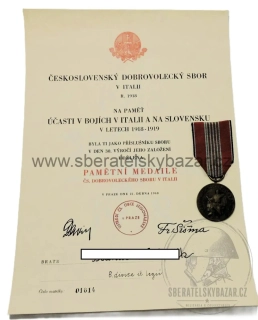 Dekret + pamětní medaile Čs. dobrovoleckého sboru v Itálii 1918–1948 