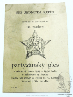 Pozvánka na partyzánský ples 1956 - Řepín okres Mělník